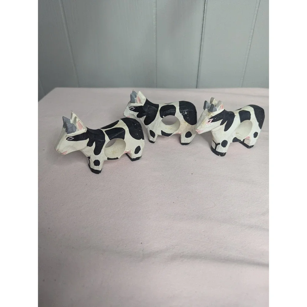 3 lot wood painted cow black white napkin ring holders